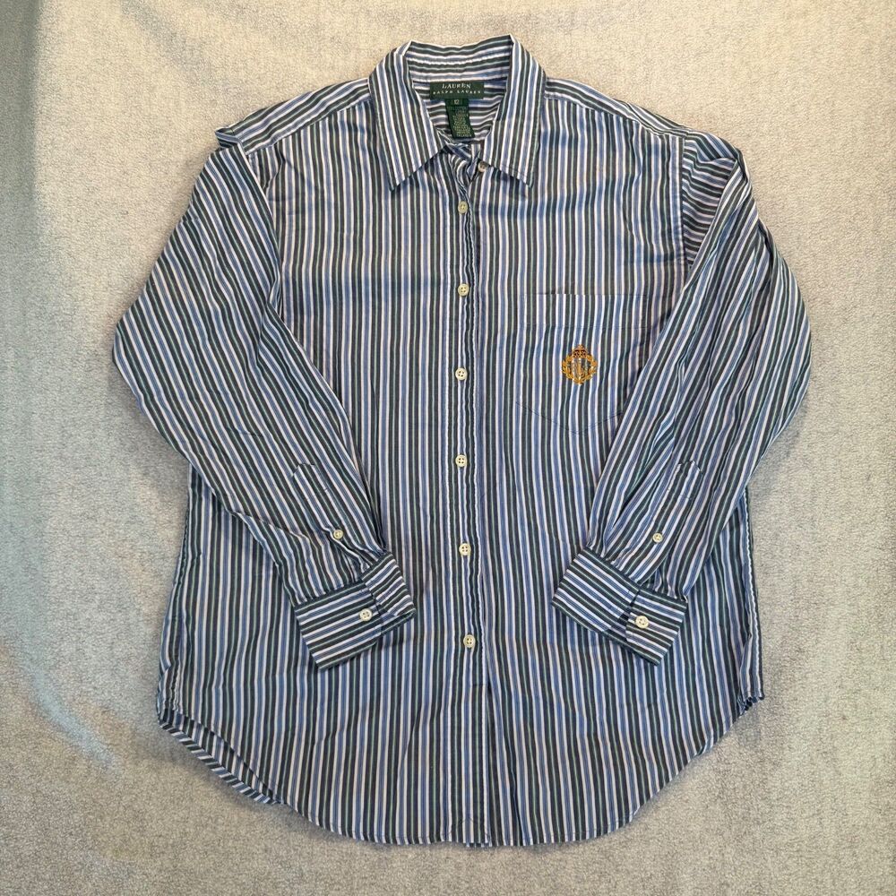 Vintage Lauren Ralph Lauren Shirt Womens 12 Blue Stripe Crest Button Down